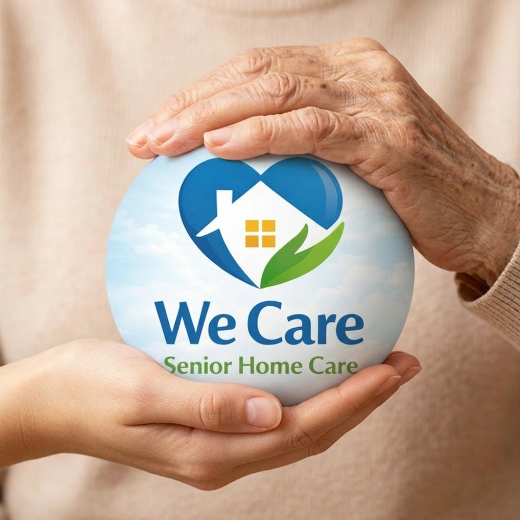 Caregiver and senior holding We Care logo — compassionate home care in Gwinnett County