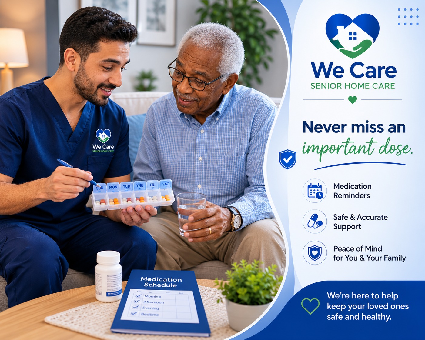 We Care caregiver helping a senior with medication reminders in Gwinnett County, GA
